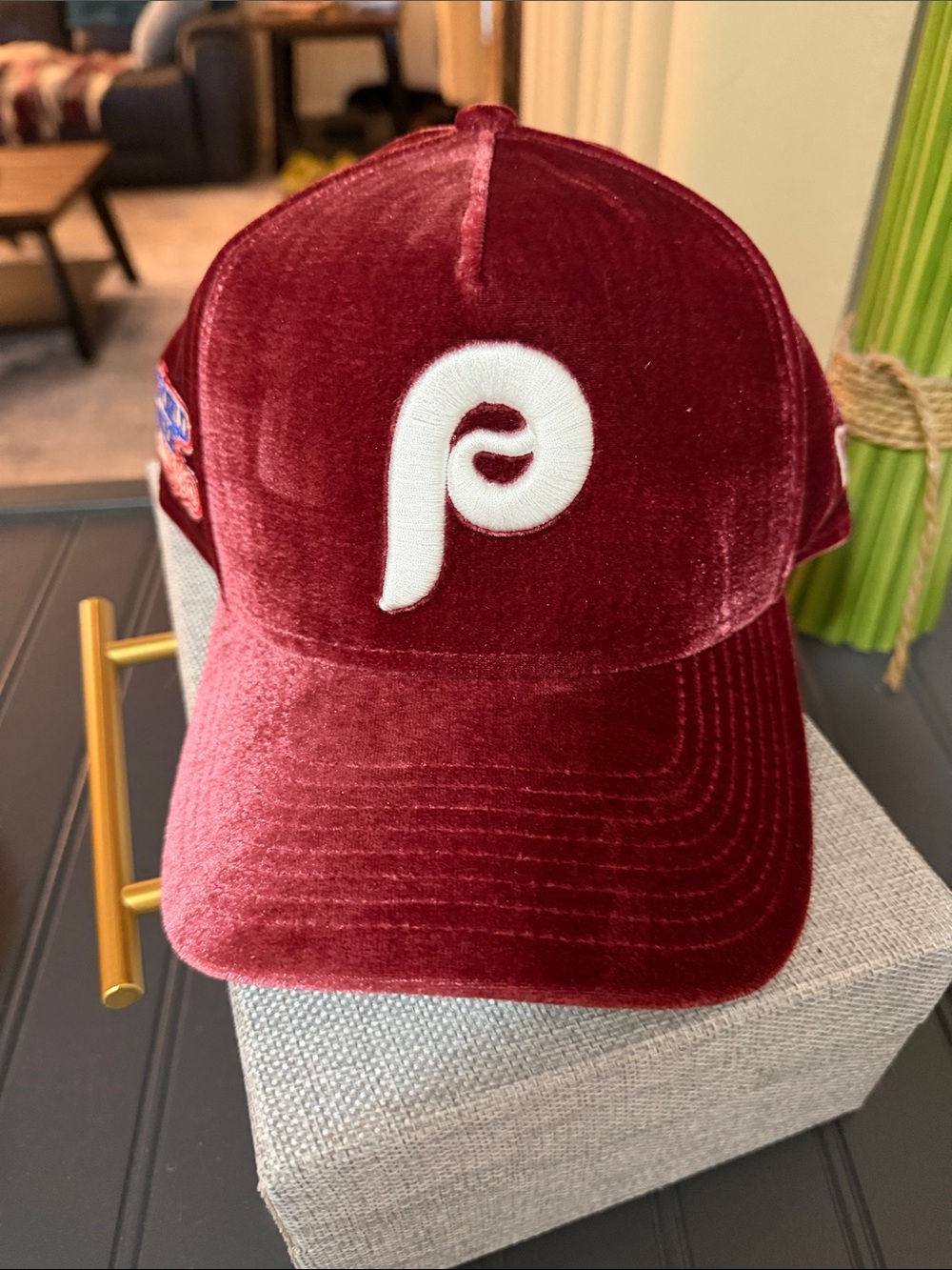 Maroon Velvet Phillies Baseball Cap with White 'P' Logo